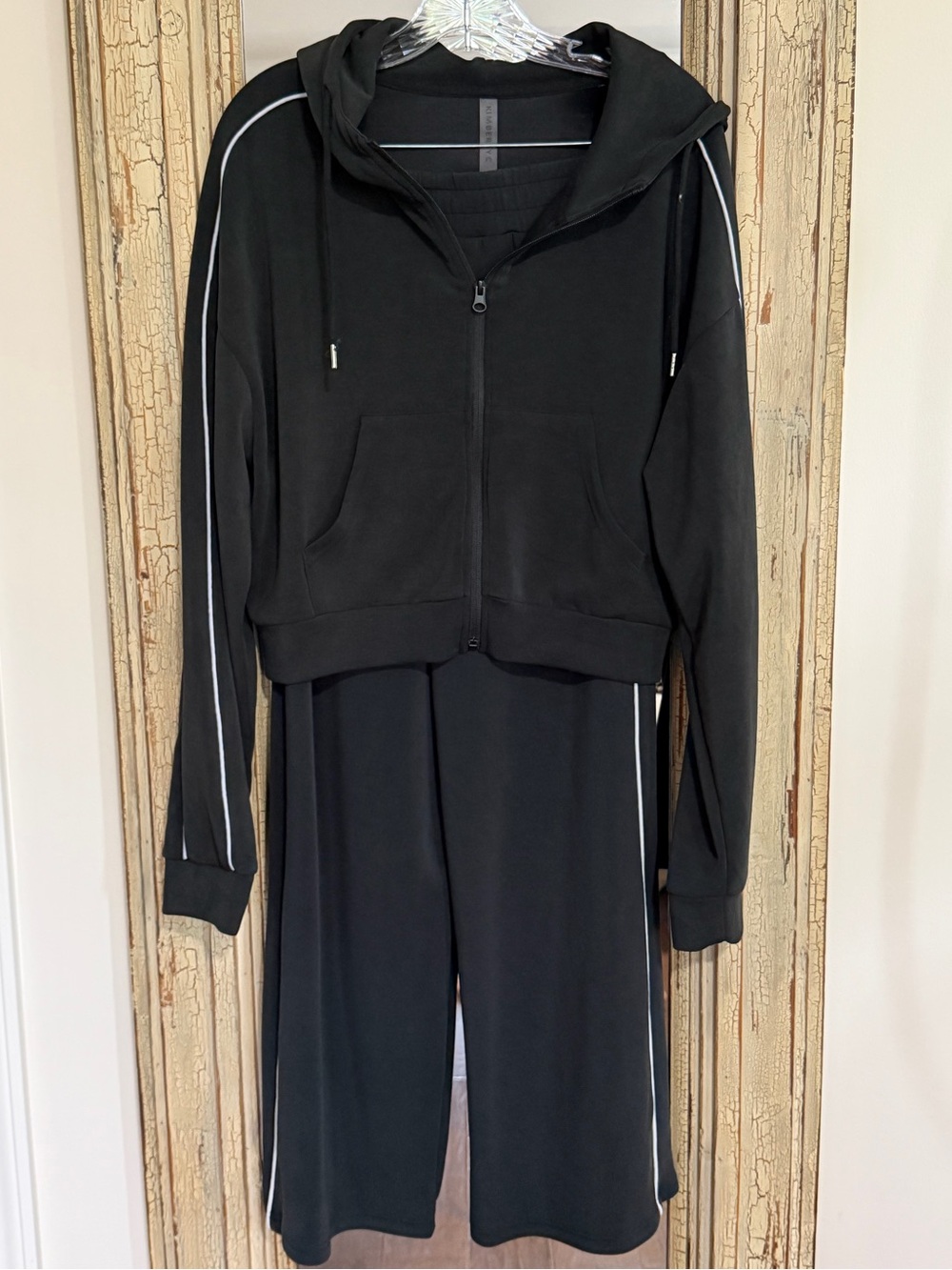 Black Track Pants & Hoodie Set with White Piping